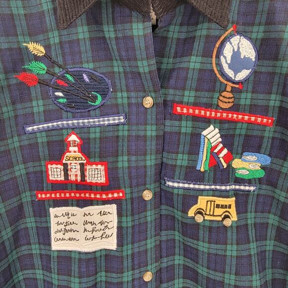 BSA Shirt Womens Large Plaid Blue Green Embroidered School Patches Teacher - Picture 7 of 12
